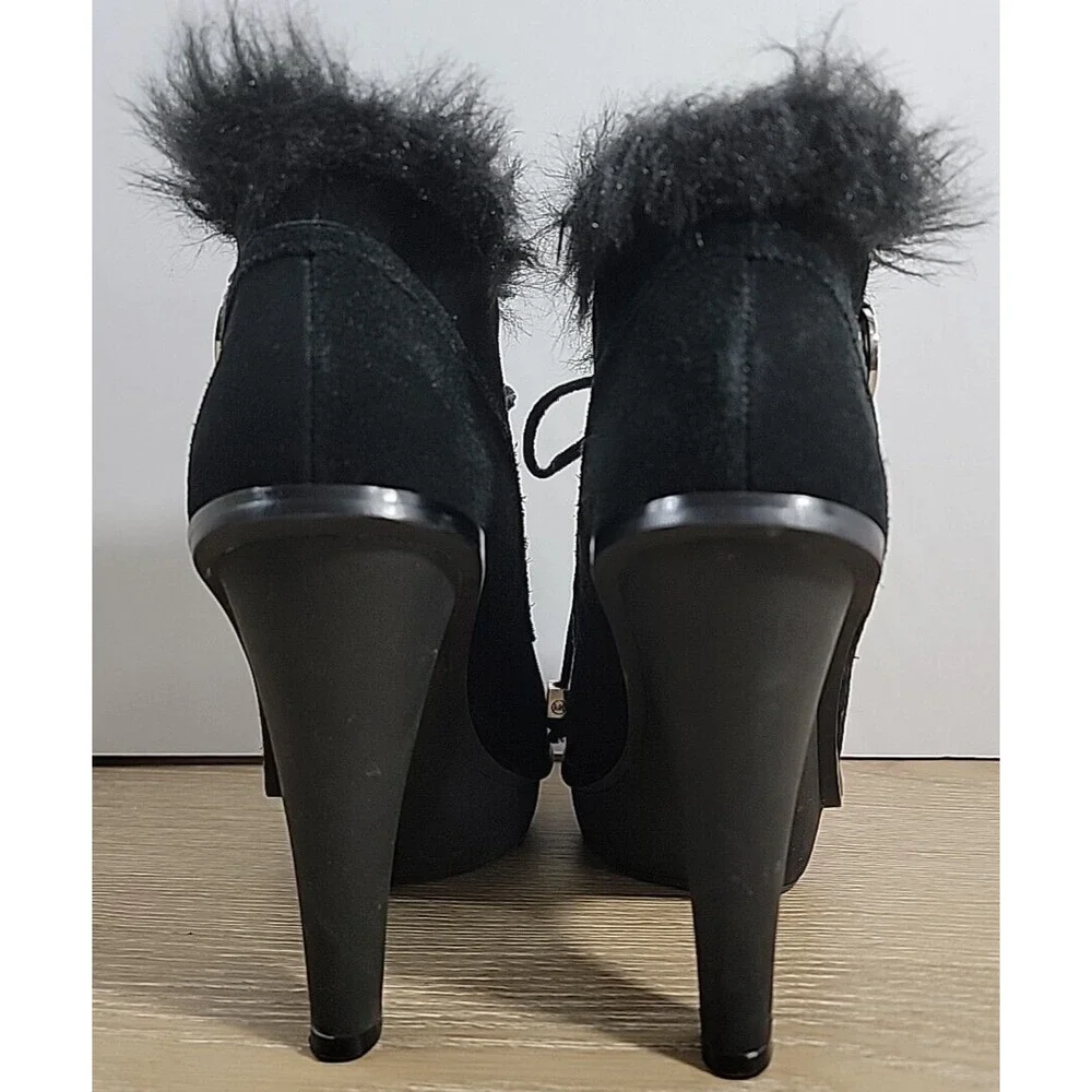 Michael Kors Boots Women's‎ 5M Carlie Fur Trim High Heels Ankle Lace Up Black